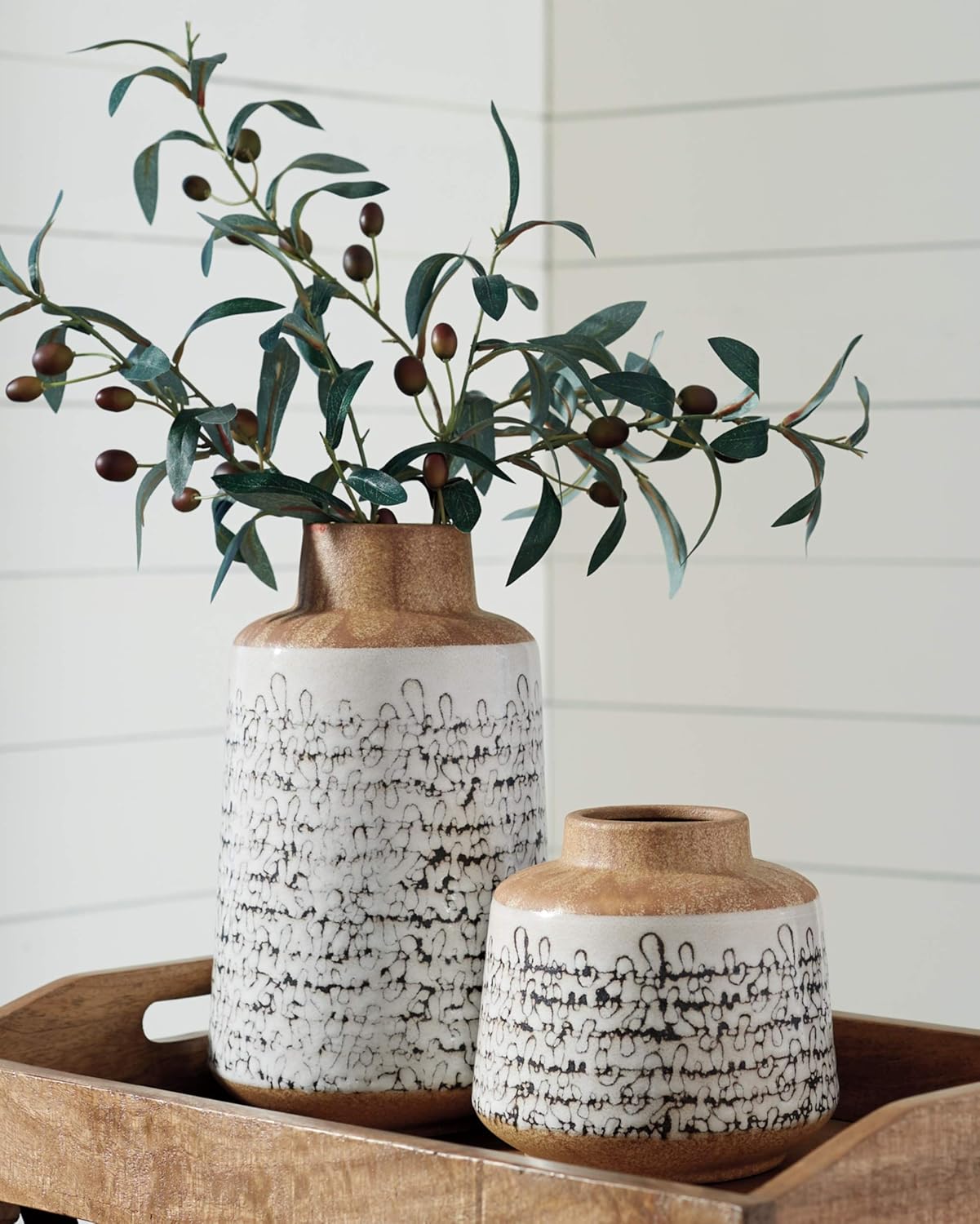 Megan 2-Piece Ceramic & Wood Decorative Vase Set – Tan & Black