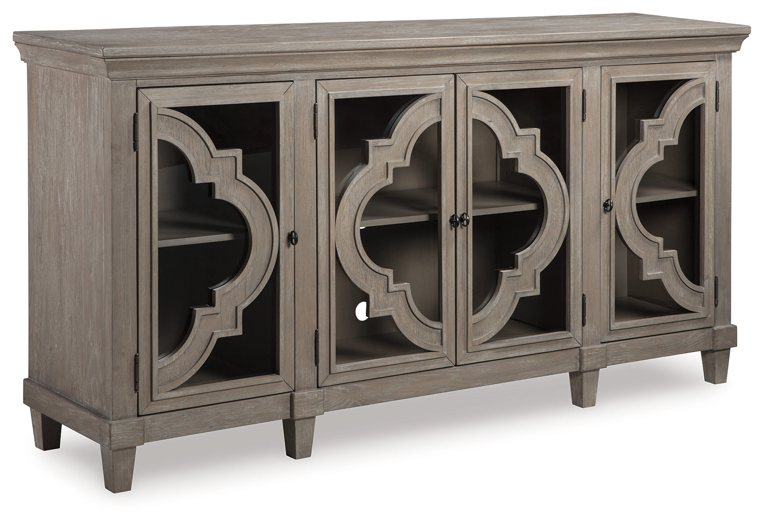 Fossil Ridge 4-Door Accent Cabinet with Glass Inlay – Grey