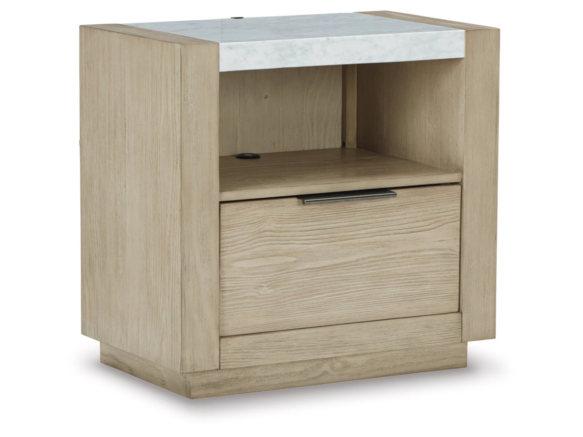 Hennington Bedside Table – Bisque with Marble Top