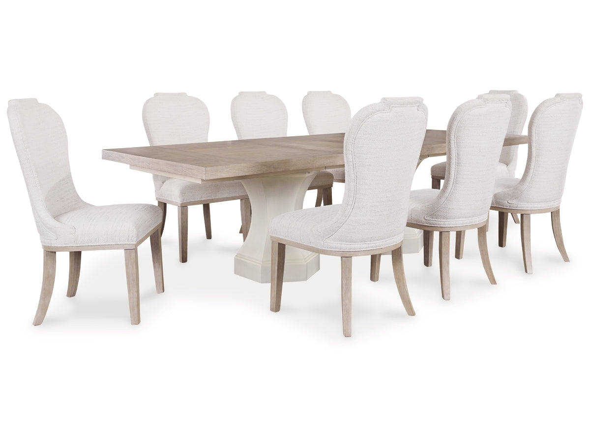 Jorlaina Extension Dining Set (Table + 8 Chairs) – Light Greyish Brown