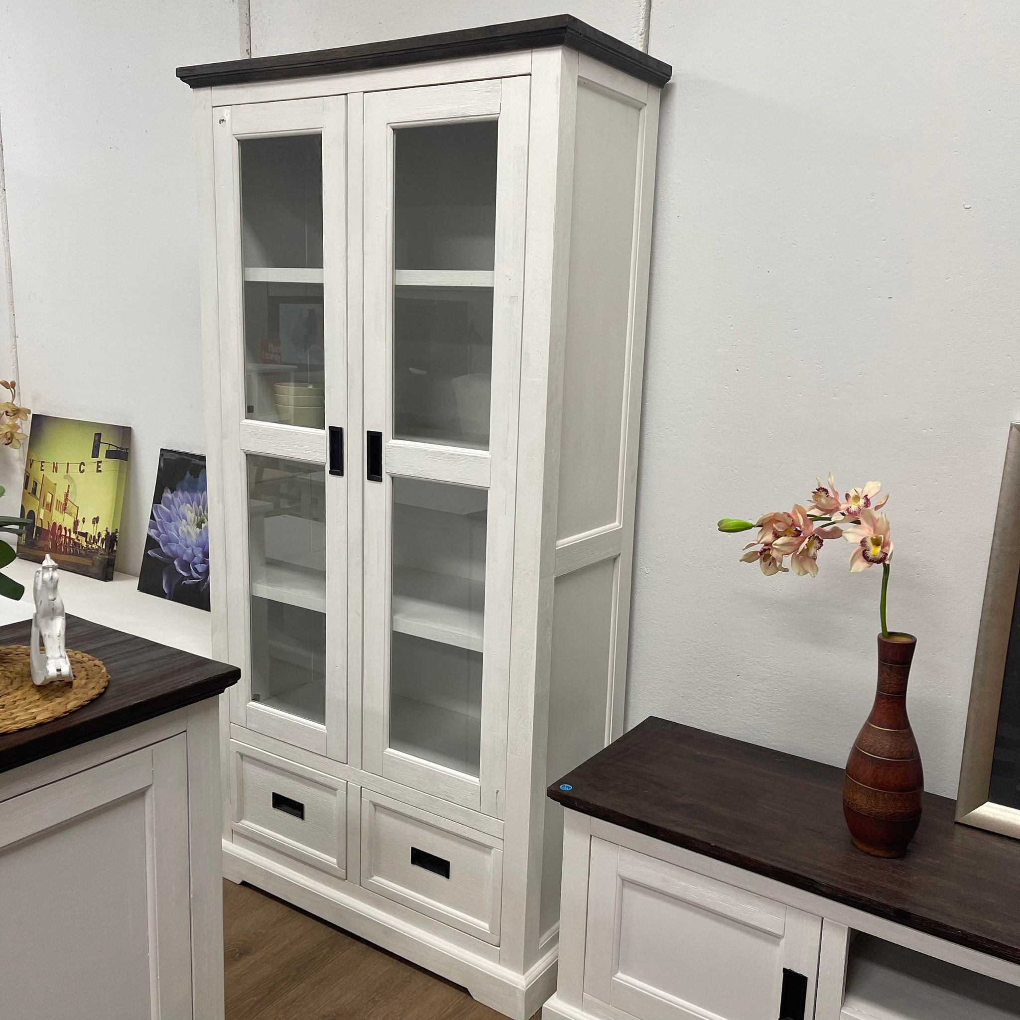 Hampton Coastal Two-Tone Display Cabinet - White & Walnut