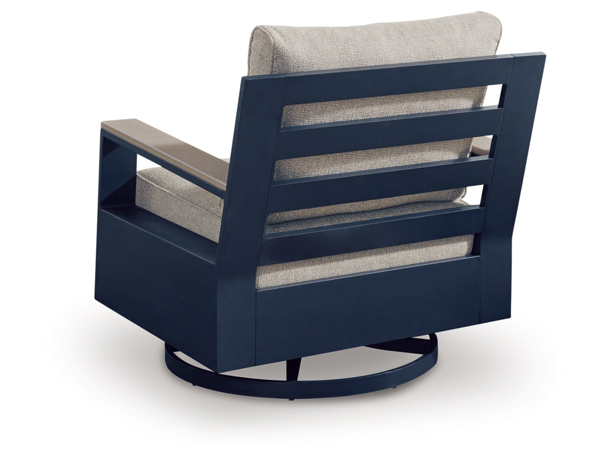 Mabry Shores Outdoor Swivel Glider Chair with Cushion – Navy Blue / Driftwood