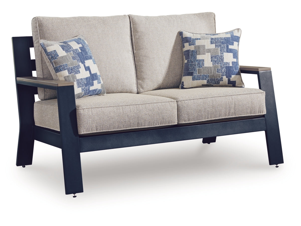 Mabry Shores Outdoor Loveseat with Cushion – Navy Blue / Driftwood