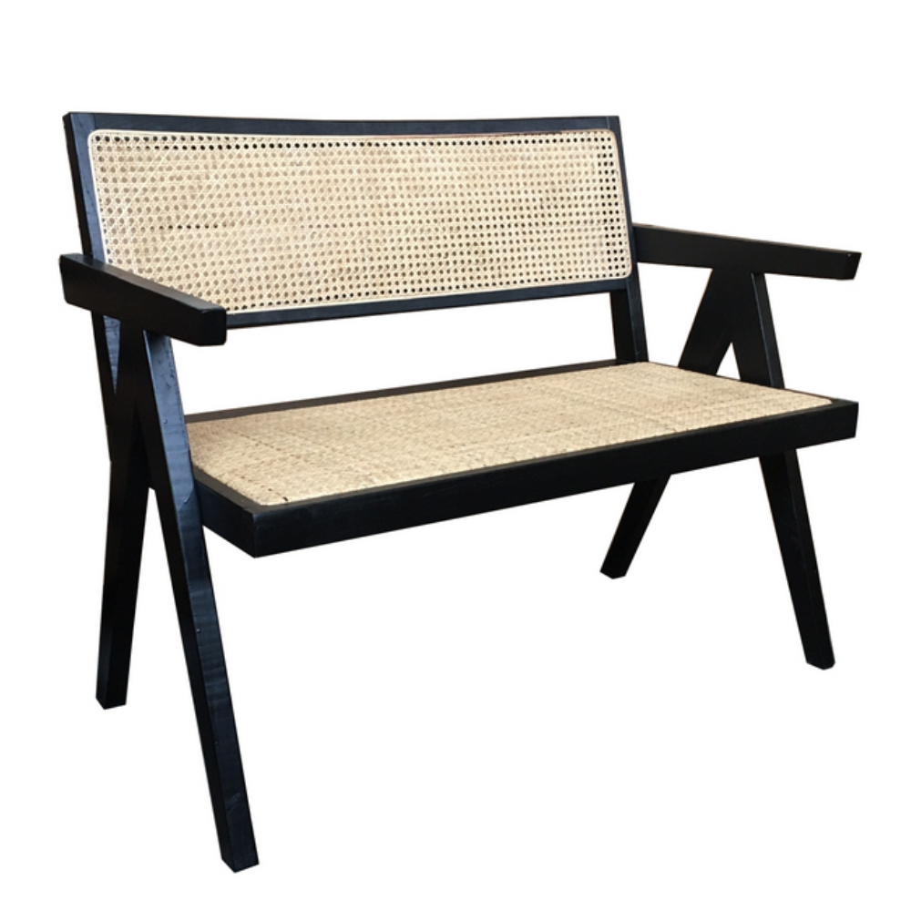 Portland Rattan Bench with Armrest – Black