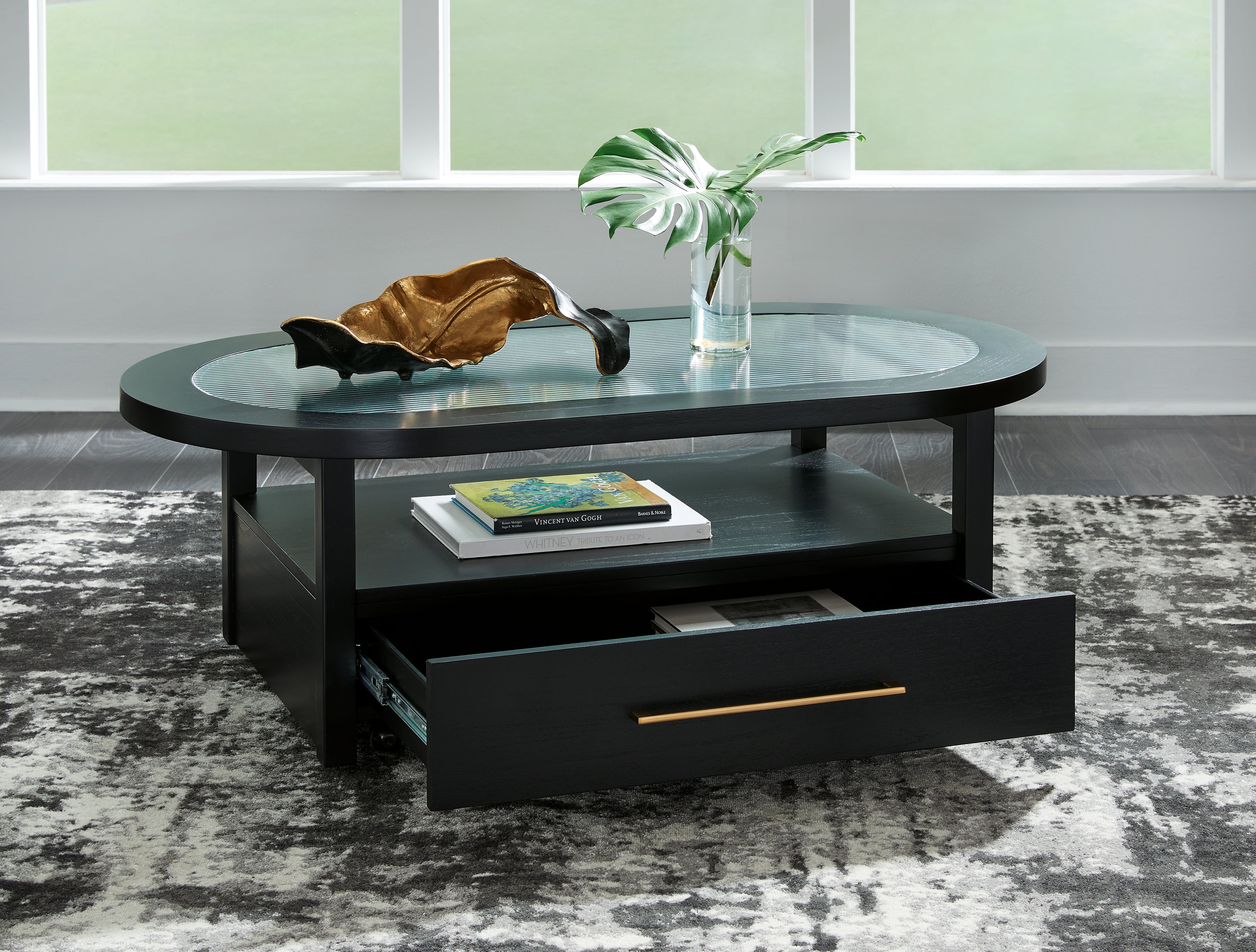 Winbardi Black Coffee Table with Storage & Fluted Glass Top