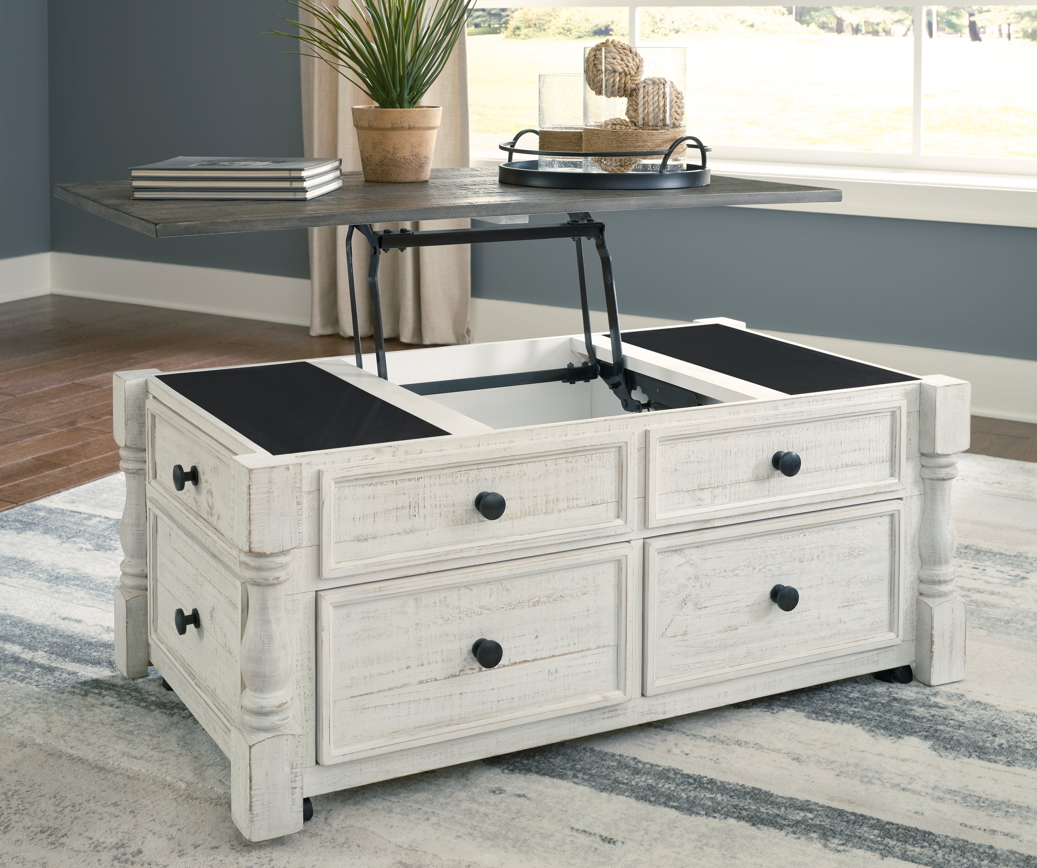 Havalance Lift-Top Coffee Table – Rustic Two-Tone with Storage Drawers