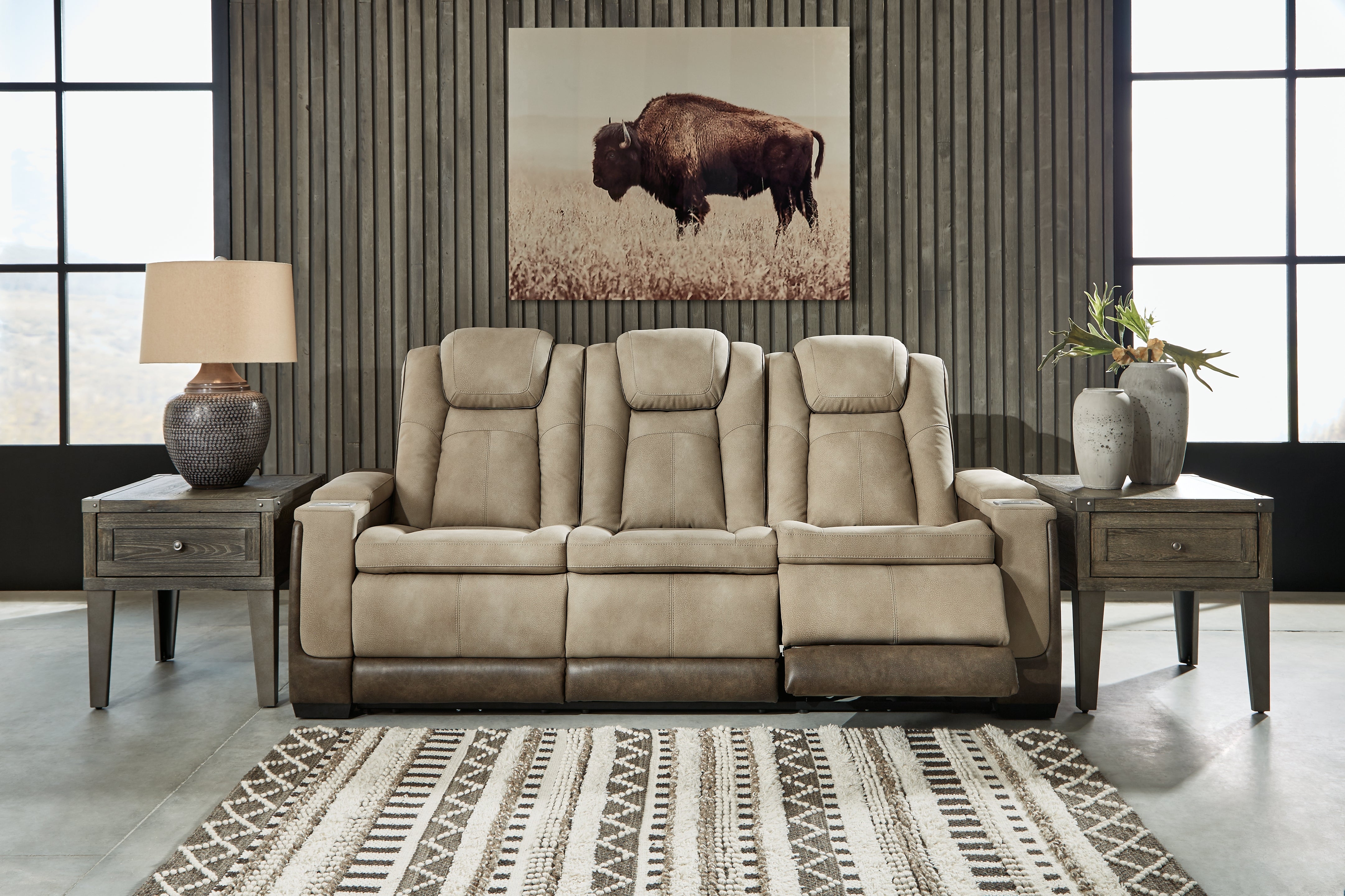 Next-Gen DuraPella Two-Tone Power Reclining Sofa with Drop-Down Table – Sand
