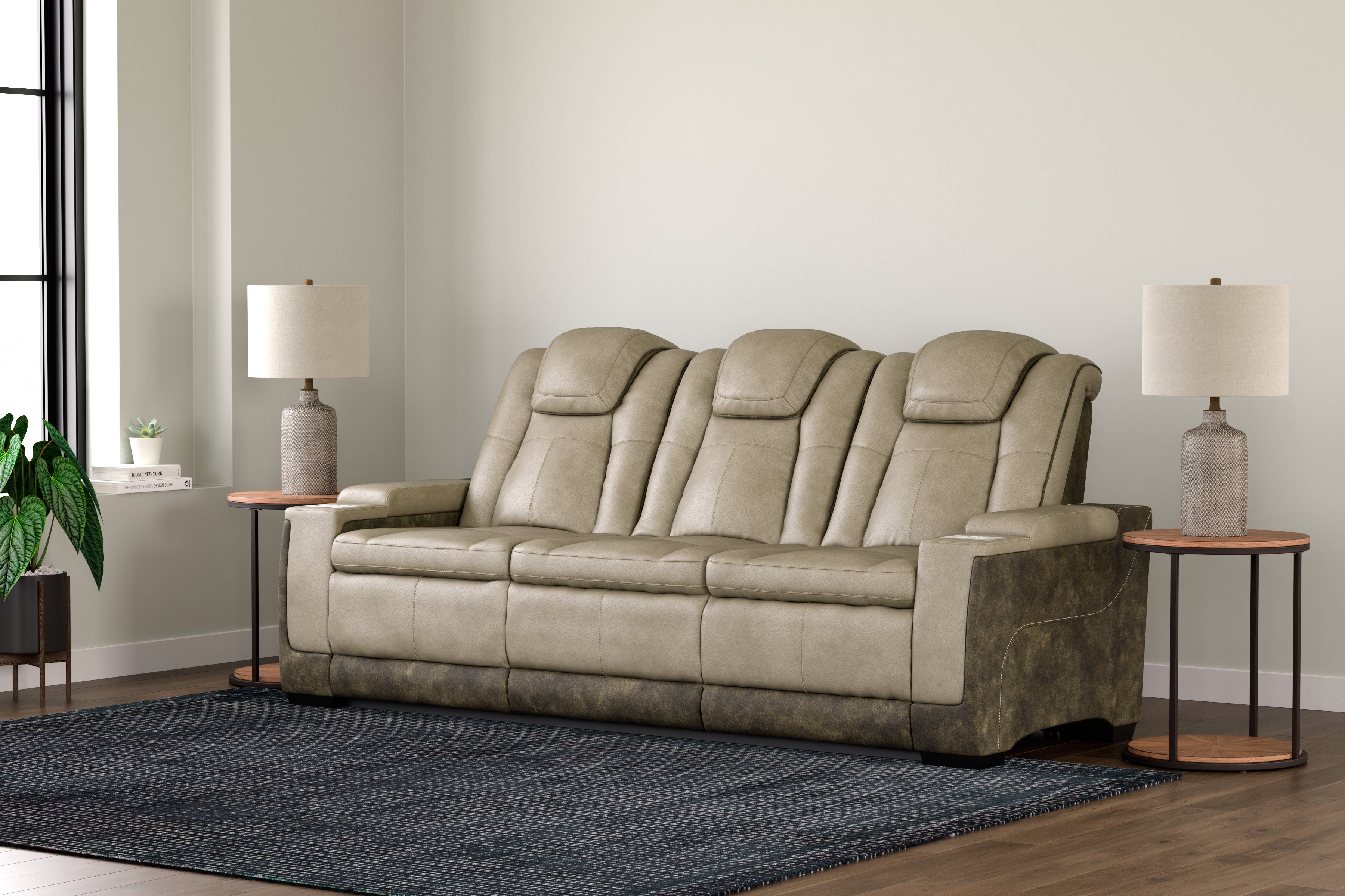 Next-Gen DuraPella Two-Tone Power Reclining Sofa with Drop-Down Table – Sand