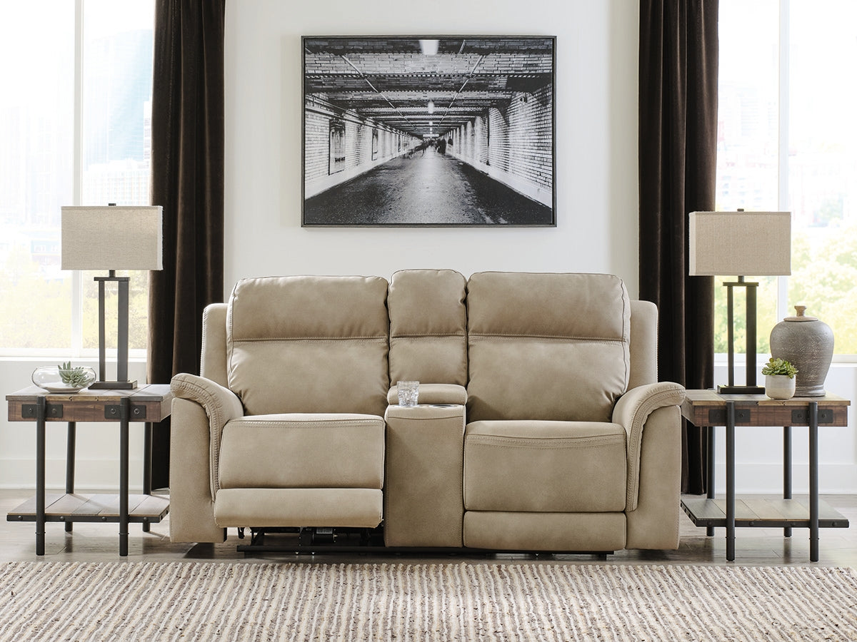 Next-Gen DuraPella Power Reclining Loveseat with Console – Classic Style in Sand