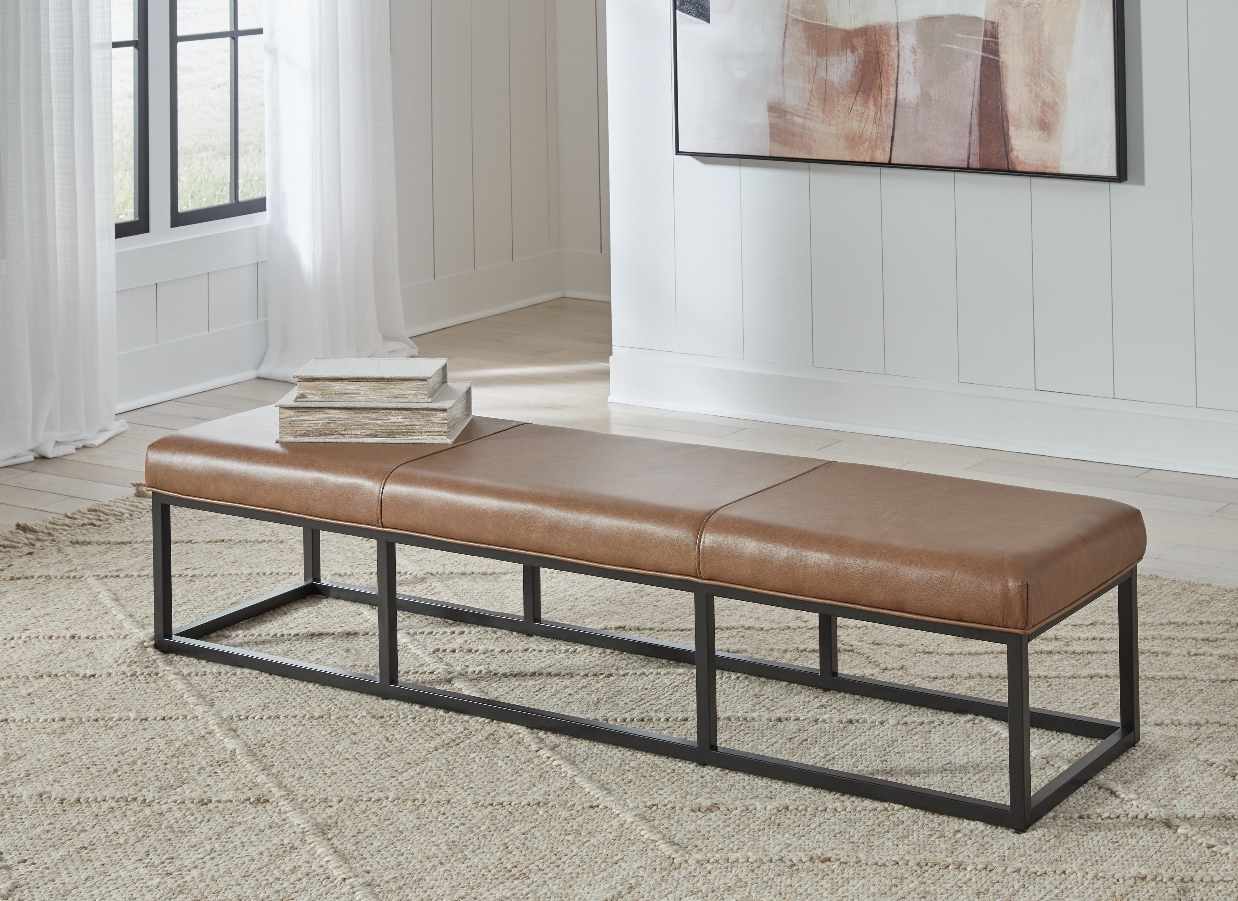 Joston Leather Accent Bench – Caramel & Black Metal