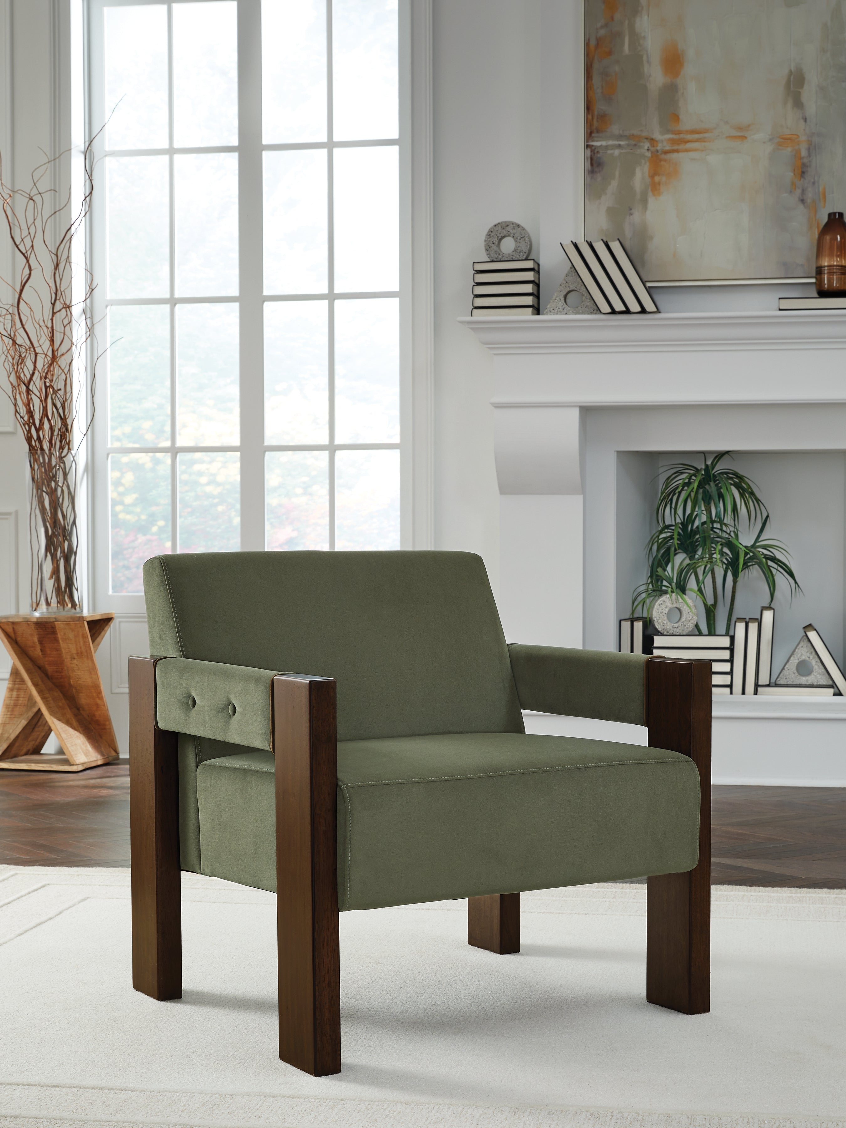 Adlanlock Accent Chair – Olive Velvet with Espresso Frame