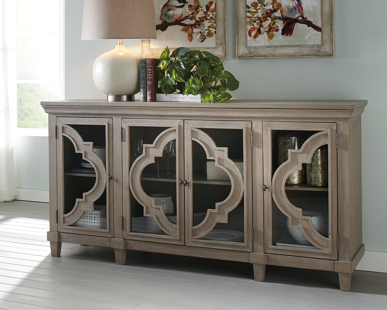 Fossil Ridge 4-Door Accent Cabinet with Glass Inlay – Grey