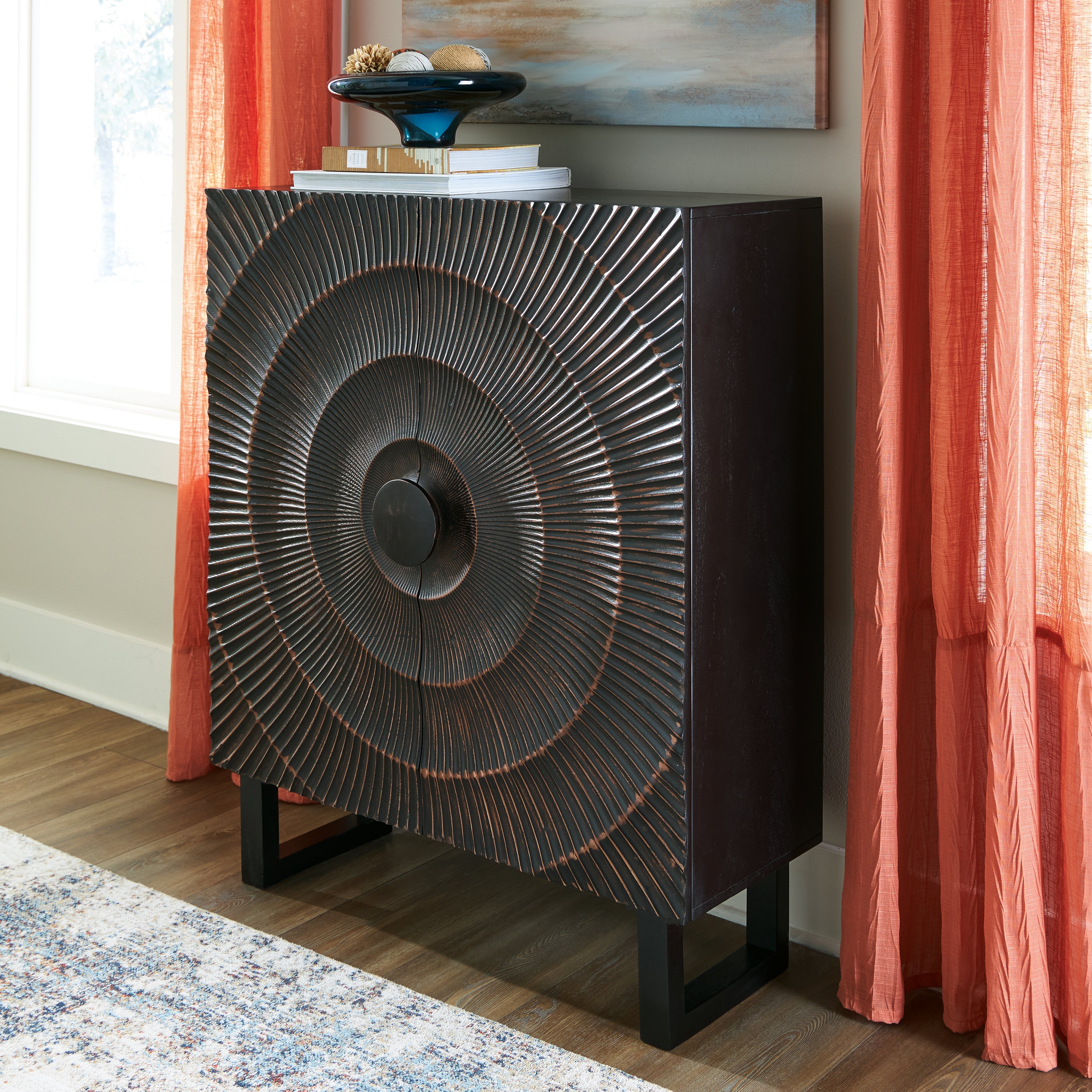 Fosterman Sunburst Accent Cabinet – Distressed Black