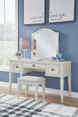 Robbinsdale Mirrored Dressing Table with Stool – Antique White Finish