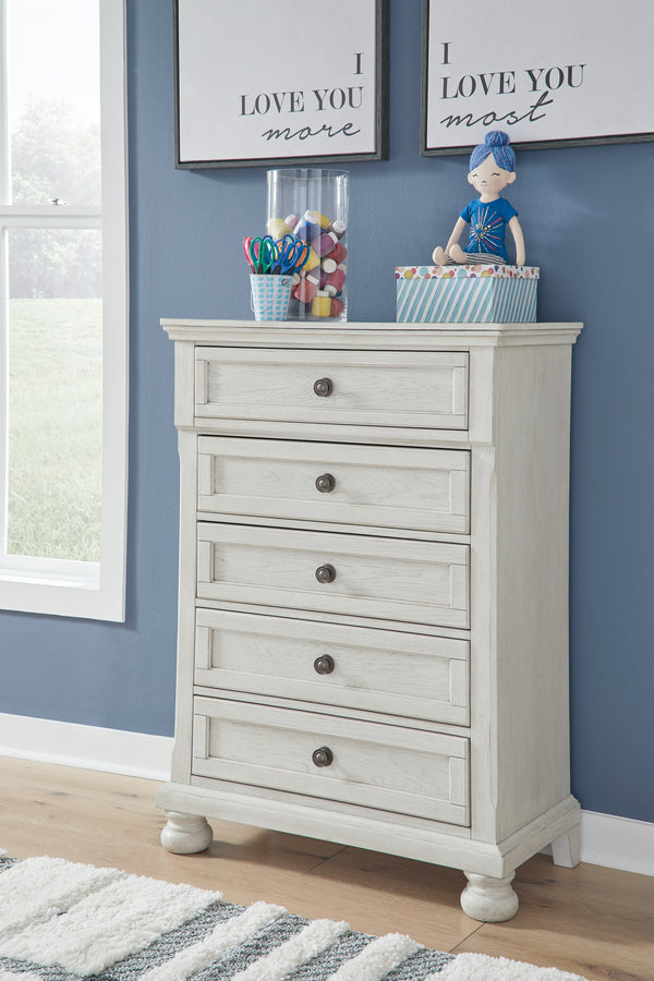 Robbinsdale 5 Drawer Junior Tallboy in Antique White Finish