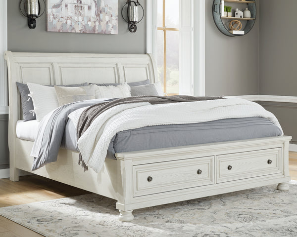 Robbinsdale King Sleigh Bed with Storage – Antique White Finish