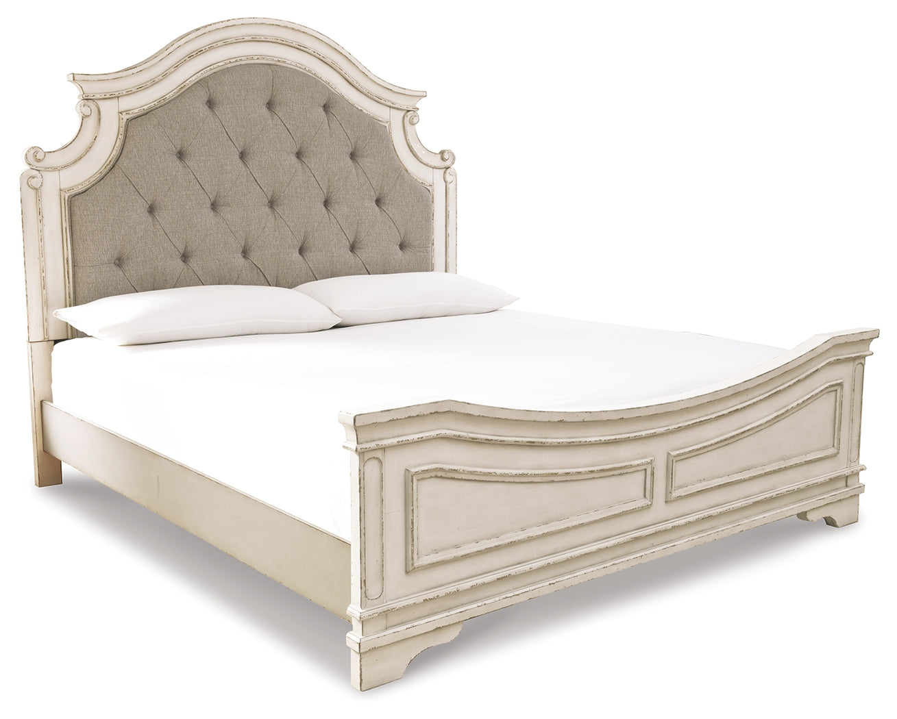 Realyn Queen Panel Bed – Two-Tone Chipped White with Upholstered Headboard