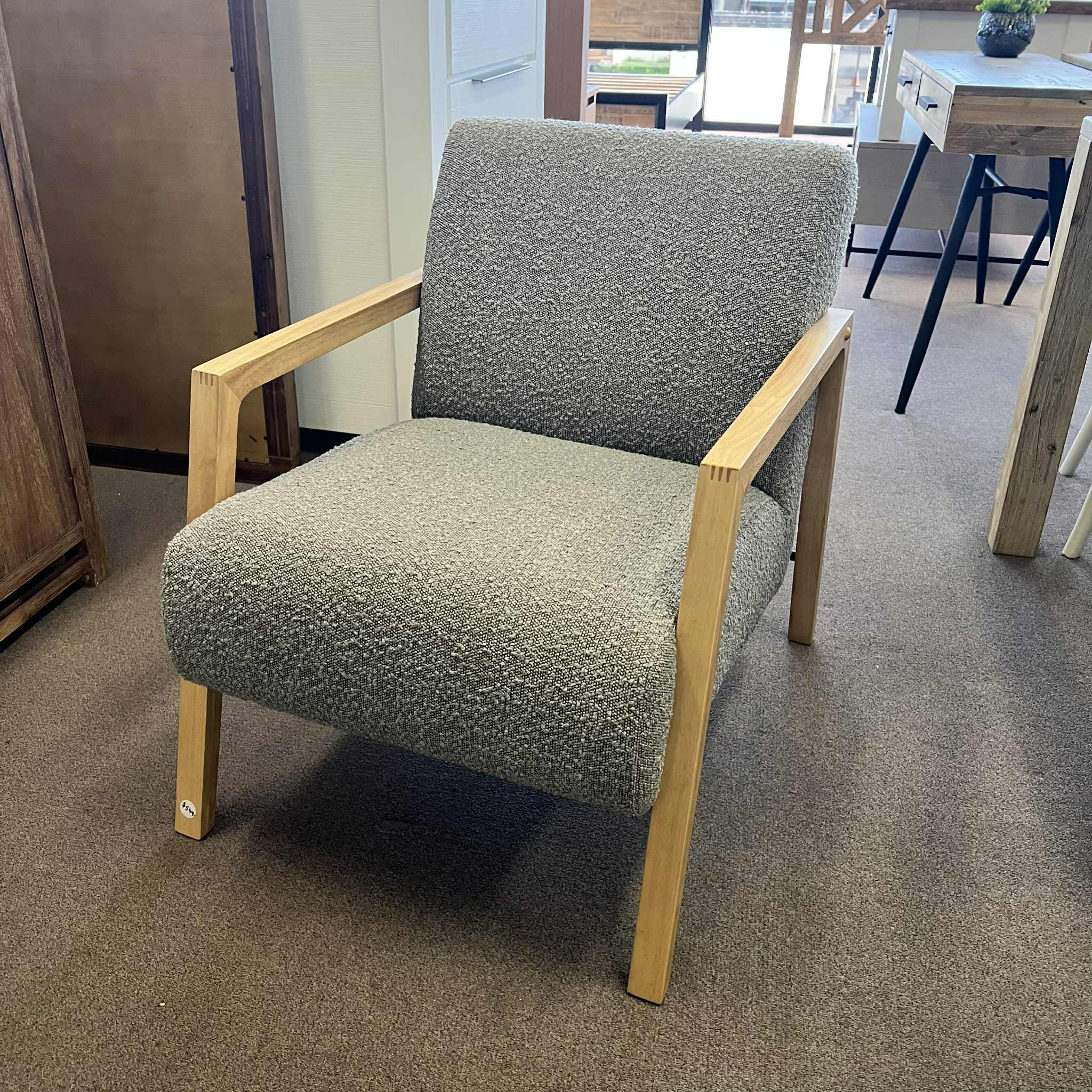 Bouclé Armchair Grey – Modern Oak Frame | InStyle Furniture