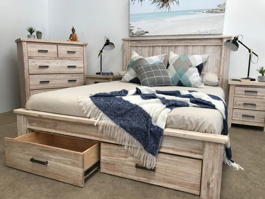 Cancun Coastal Bed – With Two Under storage drawers – White Wash