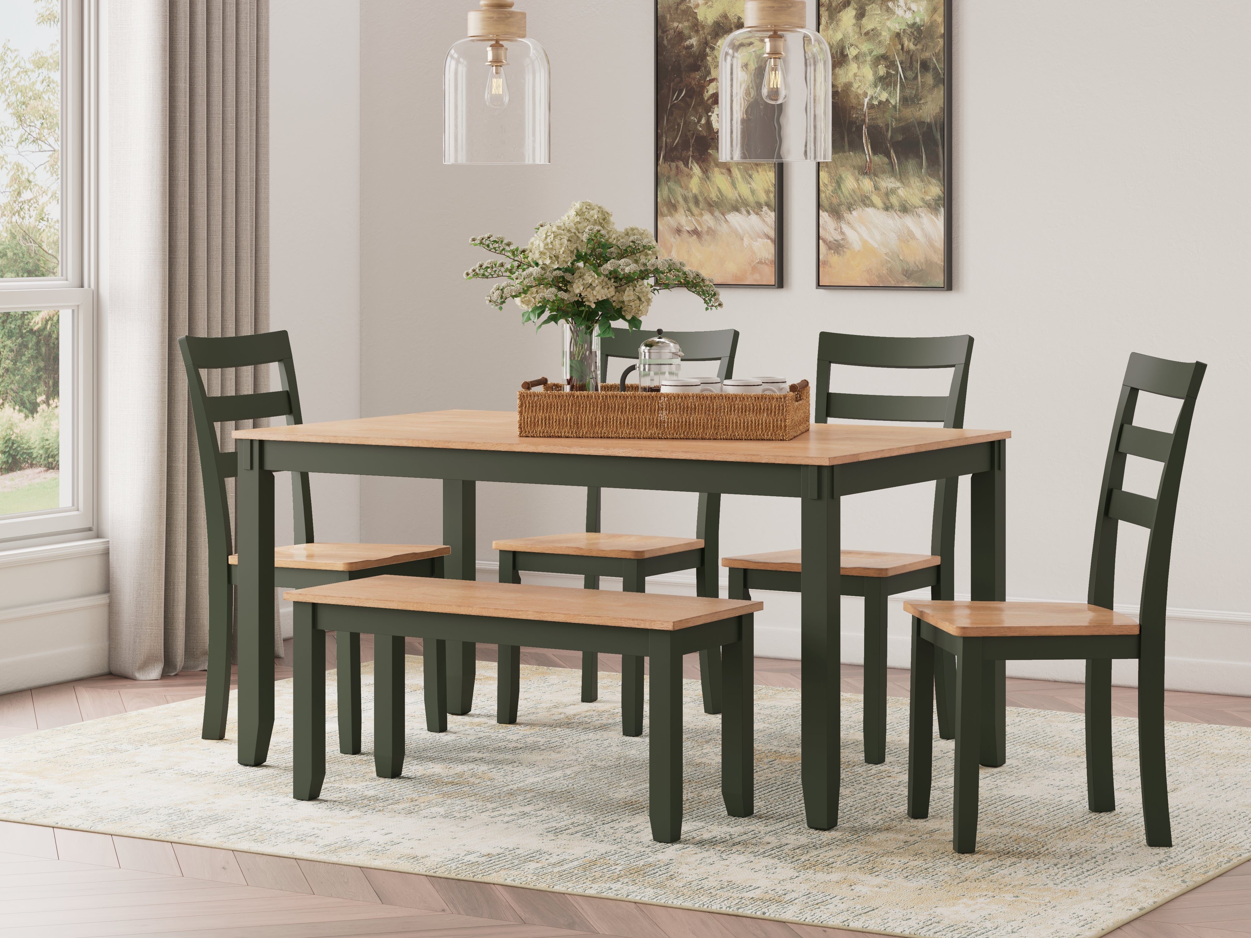Gesthaven 6-Piece Dining Set with Bench – Green/Natural