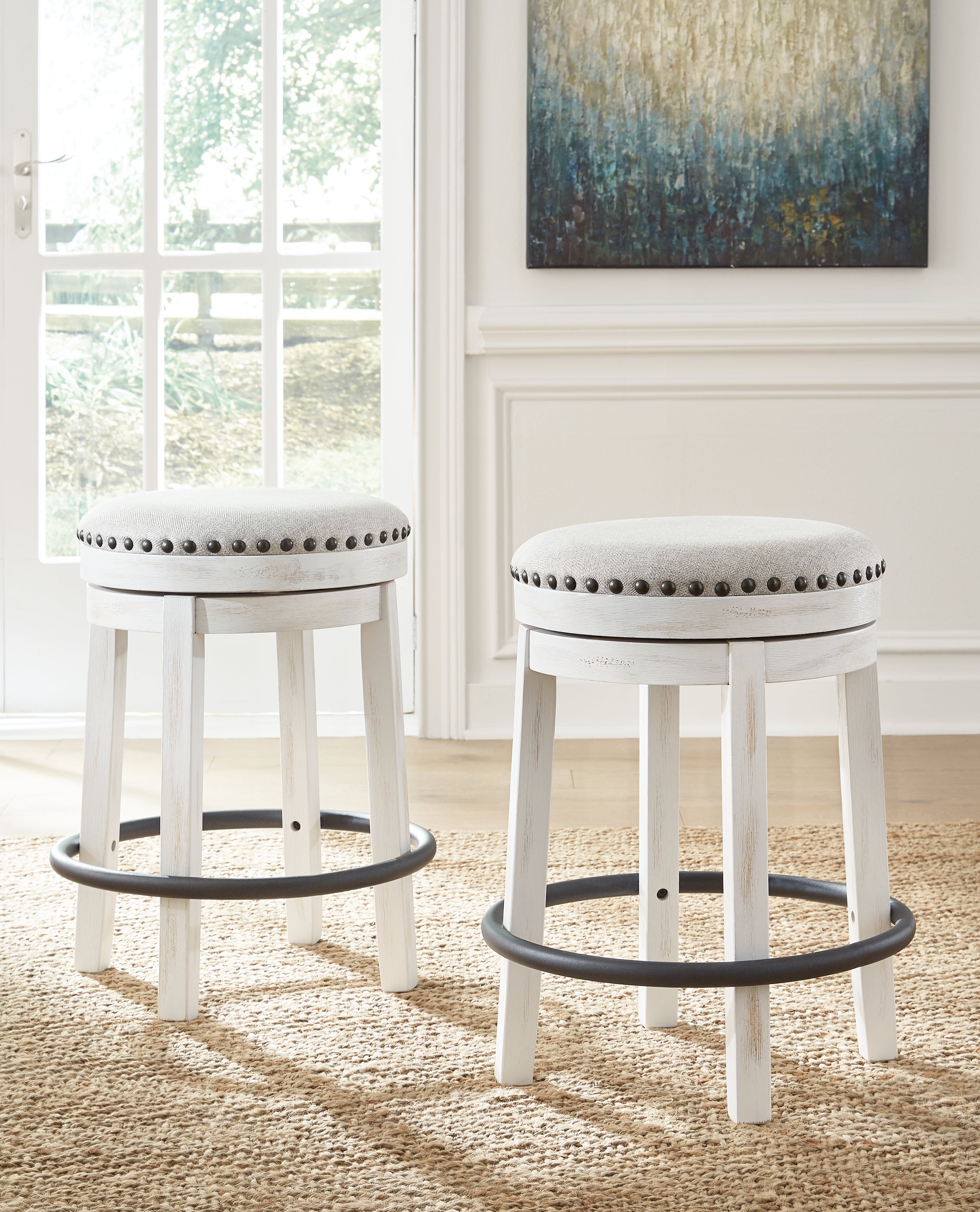 Valebeck Upholstered Swivel Counter Stool with Footrest – White/Black
