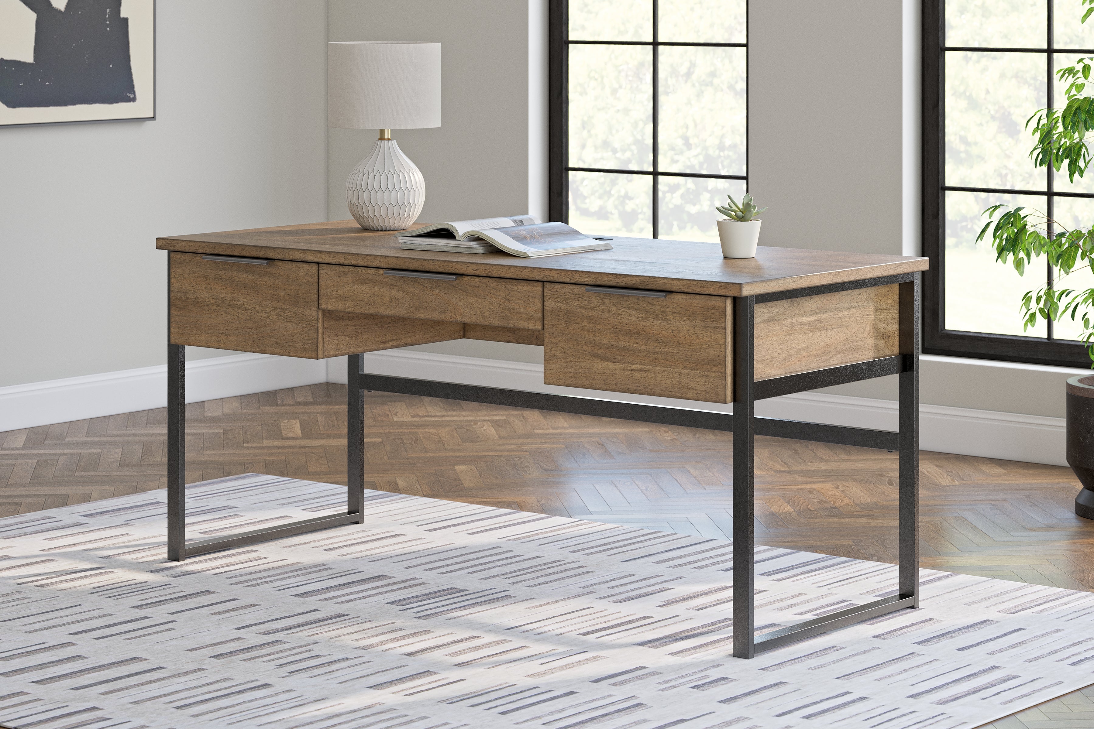 Montia Home Office Desk with Drawers – Light Brown & Gunmetal