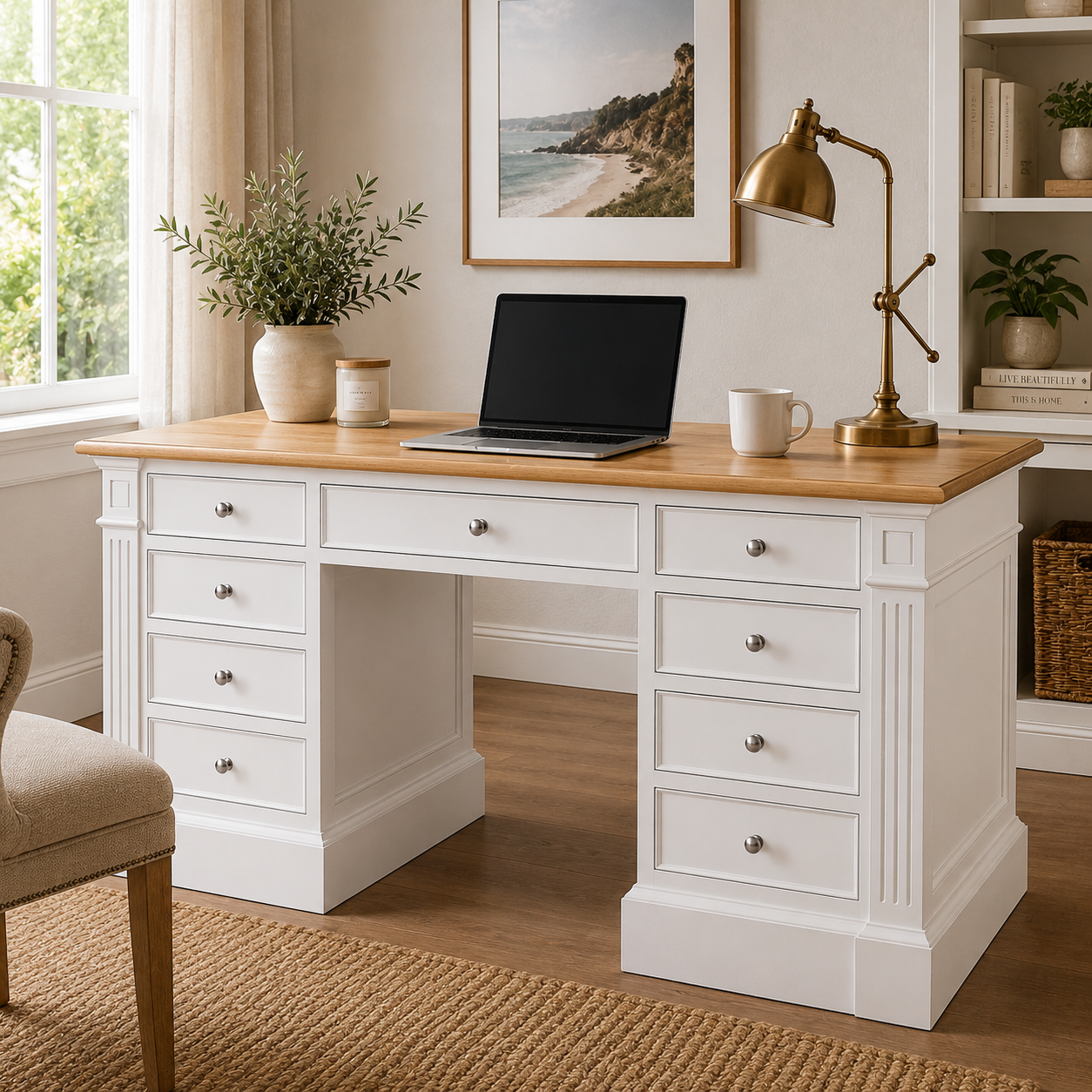 Hampton Deluxe Two Tone Desk – White & Natural
