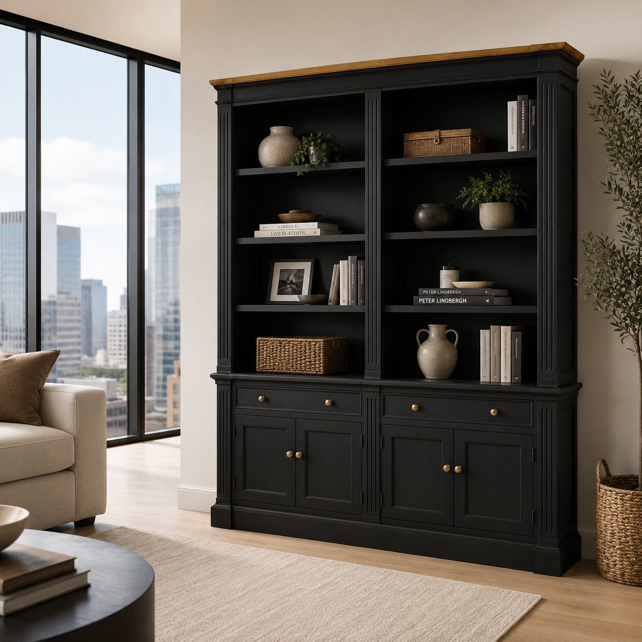 Hampton Deluxe Two Tone Library Bookcase – Black & Natural – 200cm
