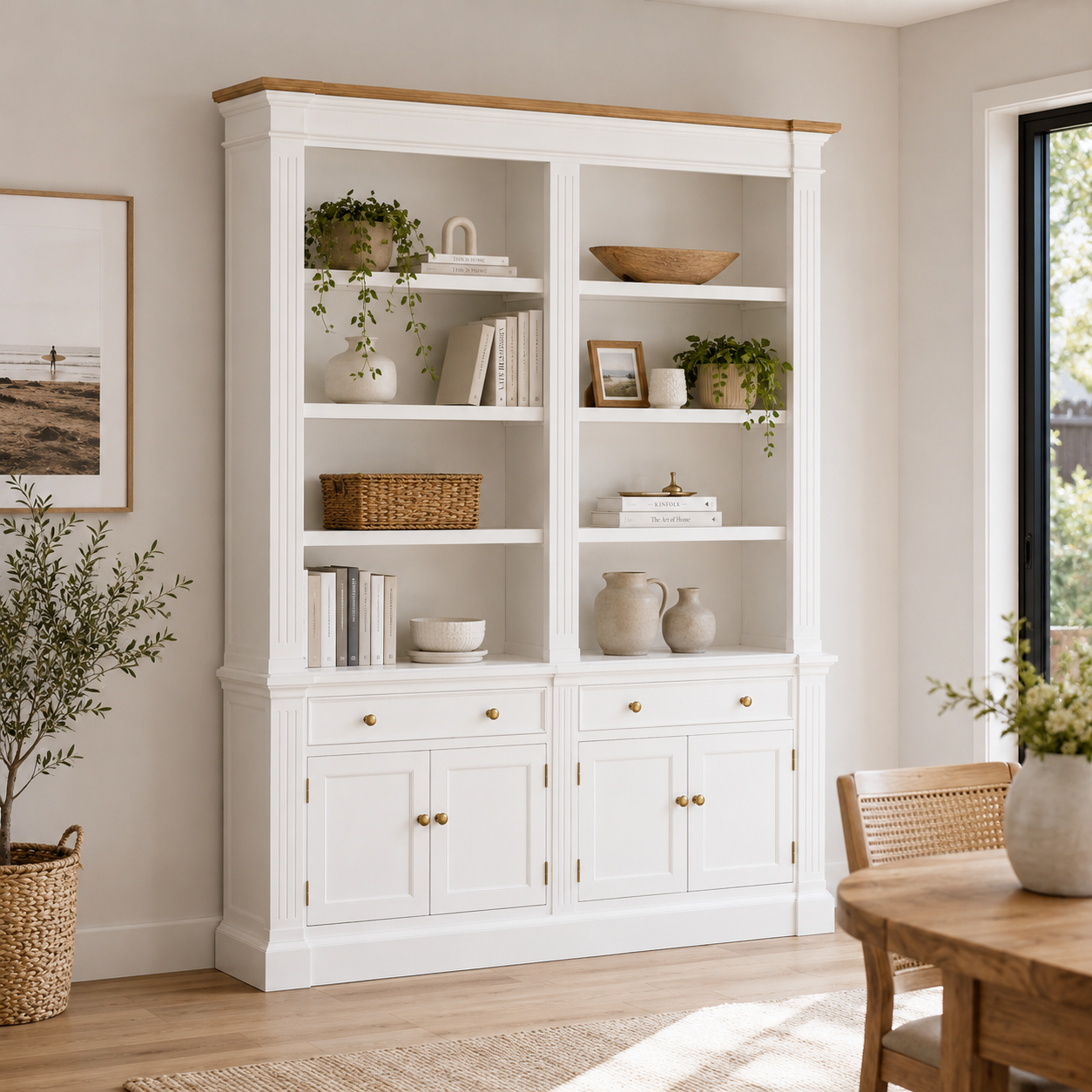 Hampton Deluxe Two Tone Library Bookcase – White & Natural – 200cm