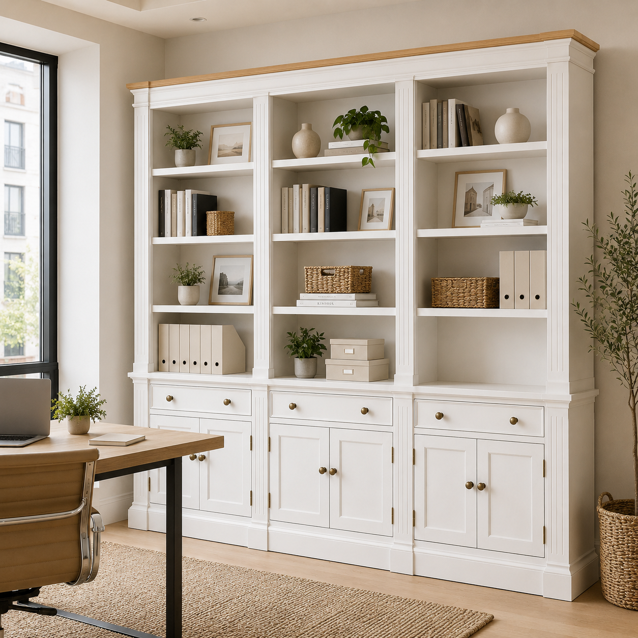 Hampton Deluxe Two Tone Library Bookcase – White & Natural – 300cm