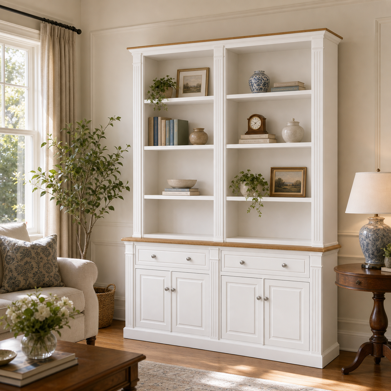 Hampton Deluxe Two Tone Library Bookcase – White & Natural – 200cm