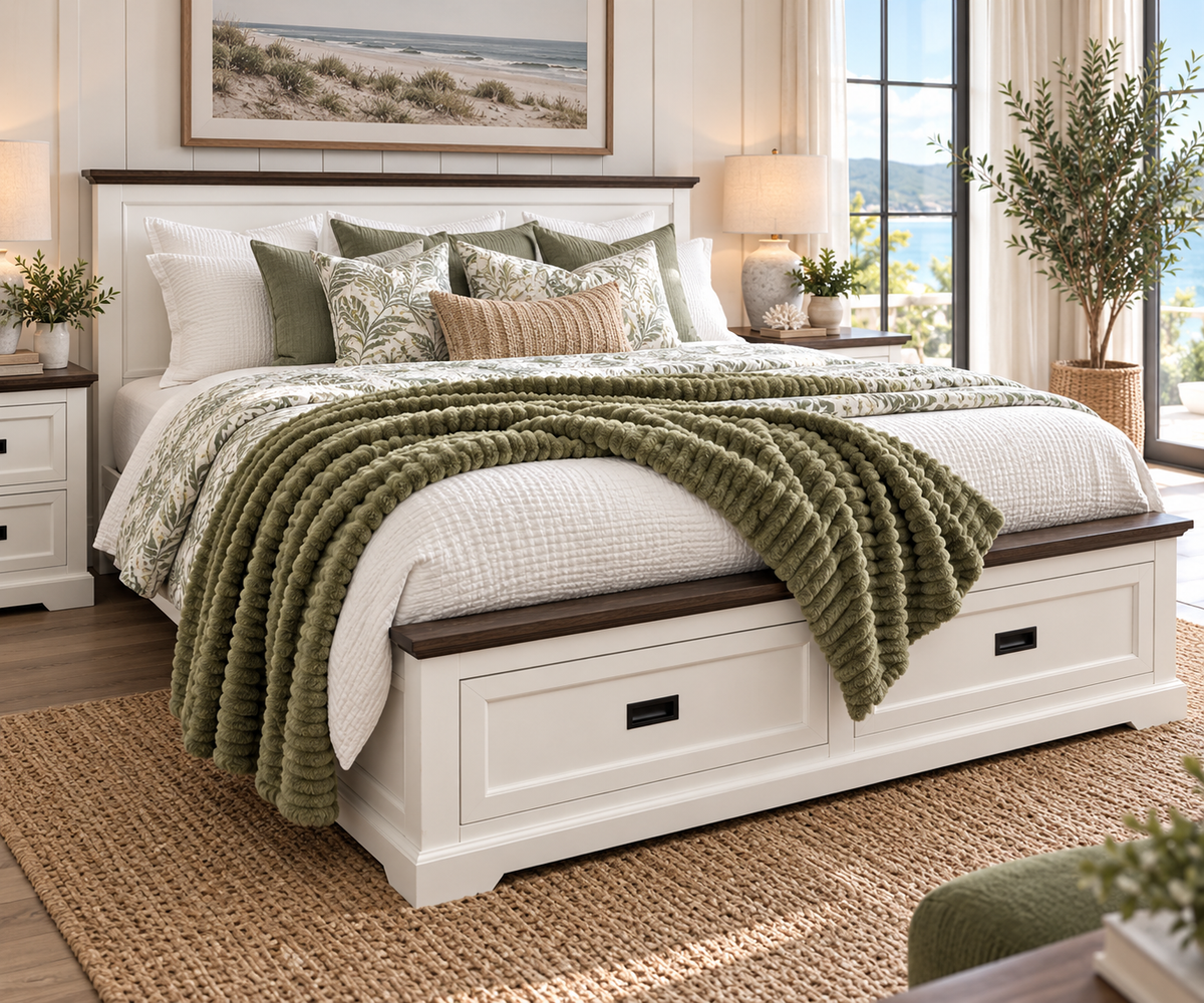 Hampton Coastal Two-Tone Bed with Storage Drawers - White & Walnut