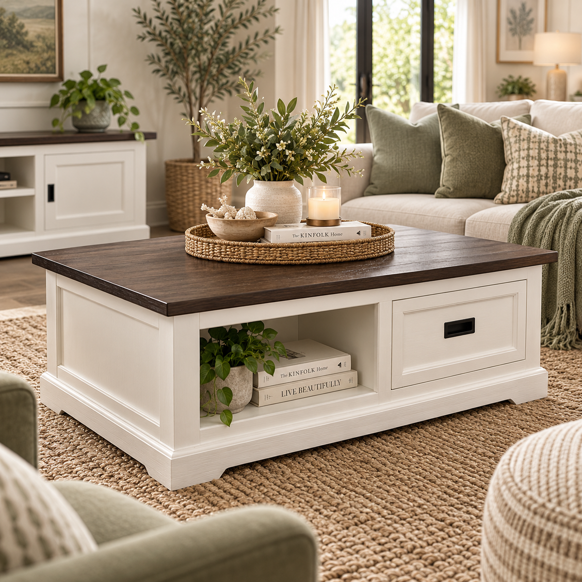 Hampton Coastal Two-Tone Coffee Table - White & Walnut