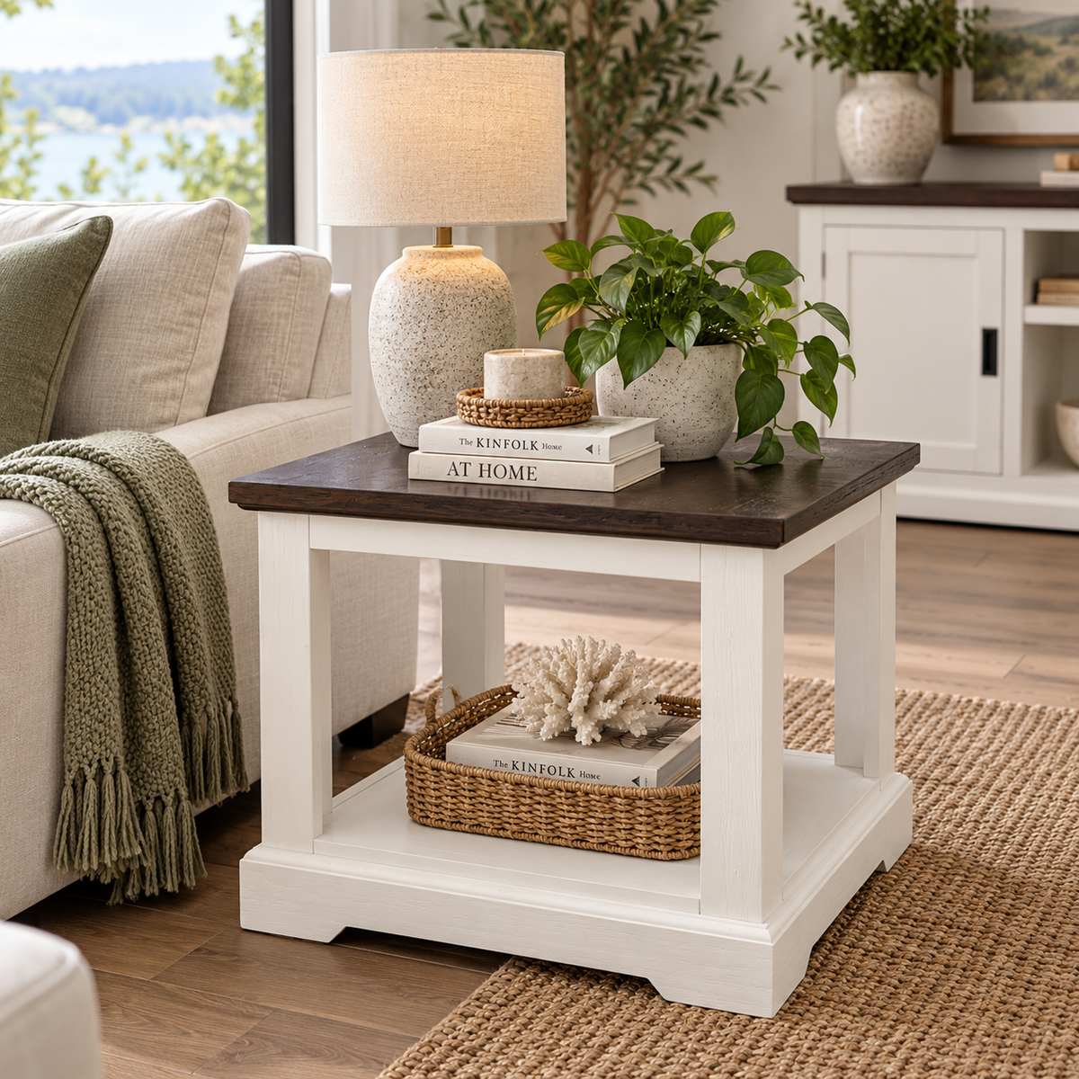 Hampton Coastal Two-Tone Lamp Table - White & Walnut