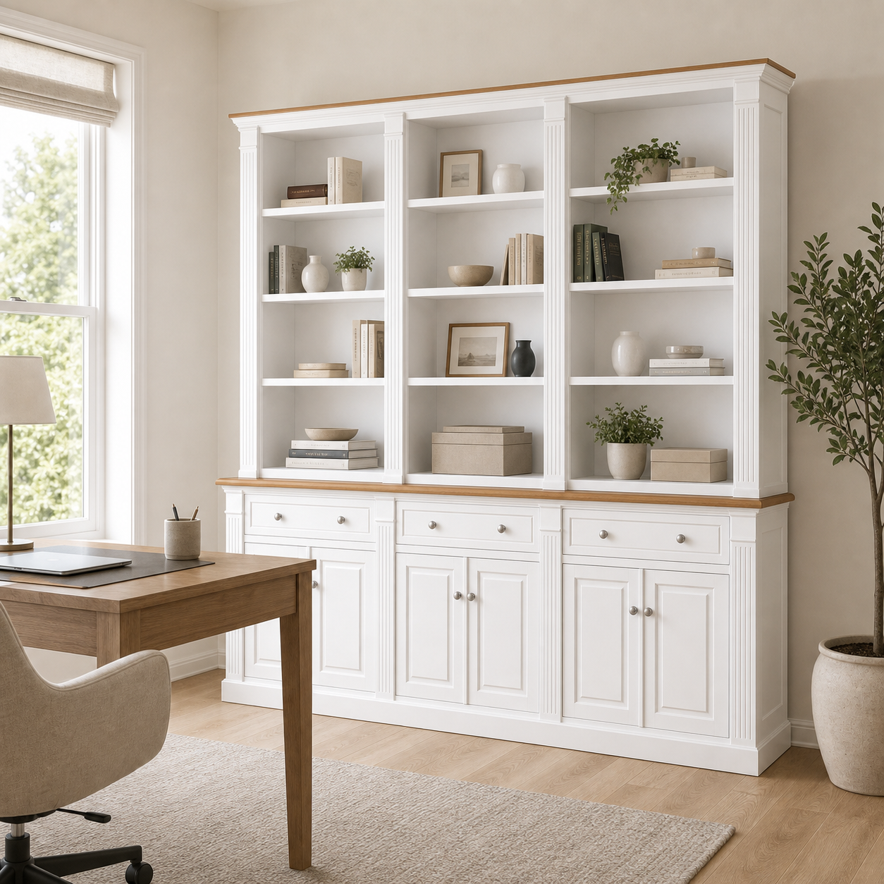 Hampton Deluxe Two Tone Library Bookcase – White & Natural – 300cm