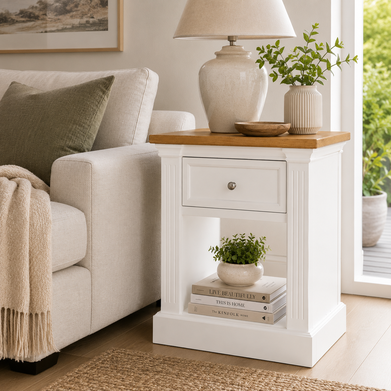 Hampton Deluxe Two Tone Side Table – White & Natural