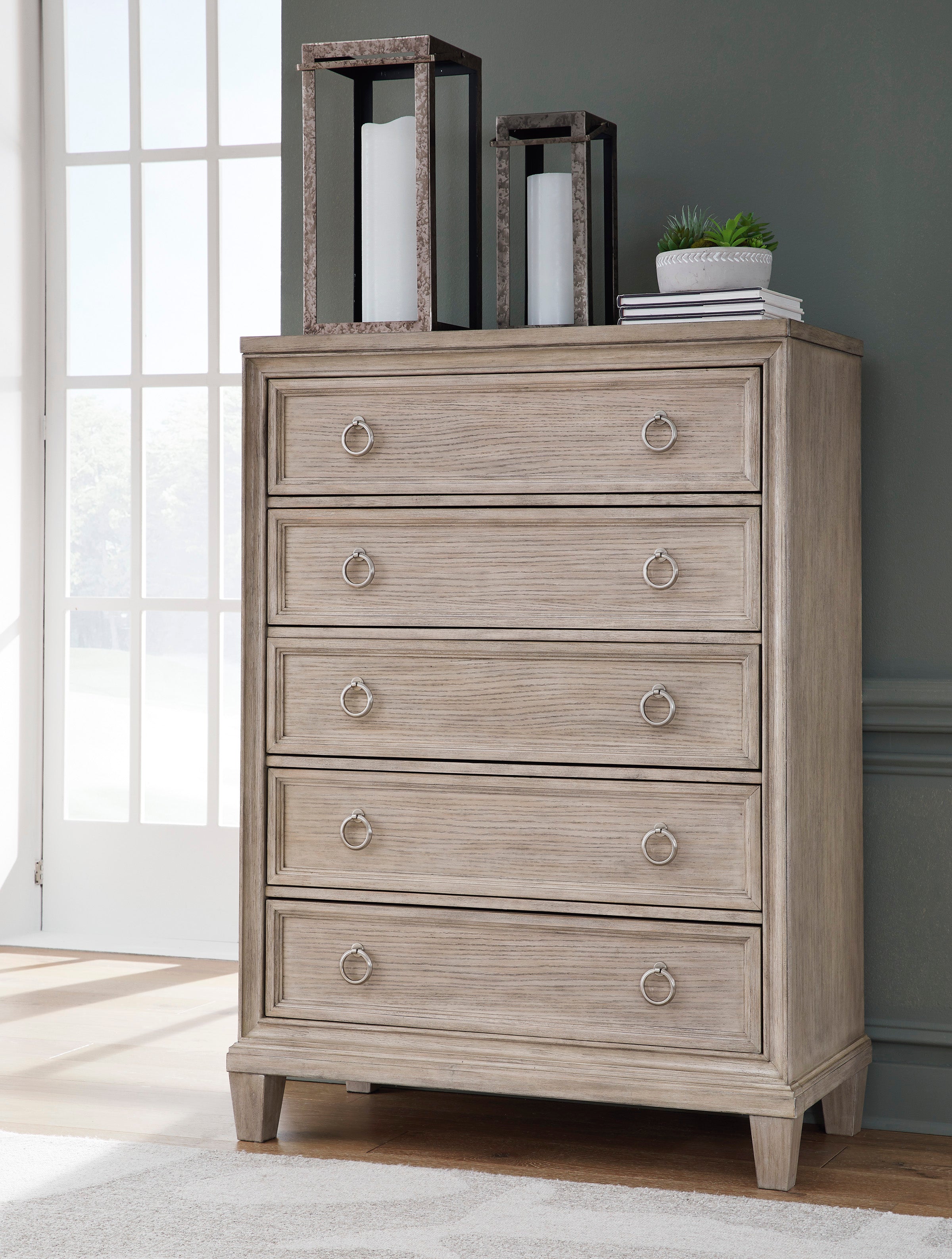 Jorlaina 5 Drawer Tallboy Chest of Drawers - Light Grayish Brown