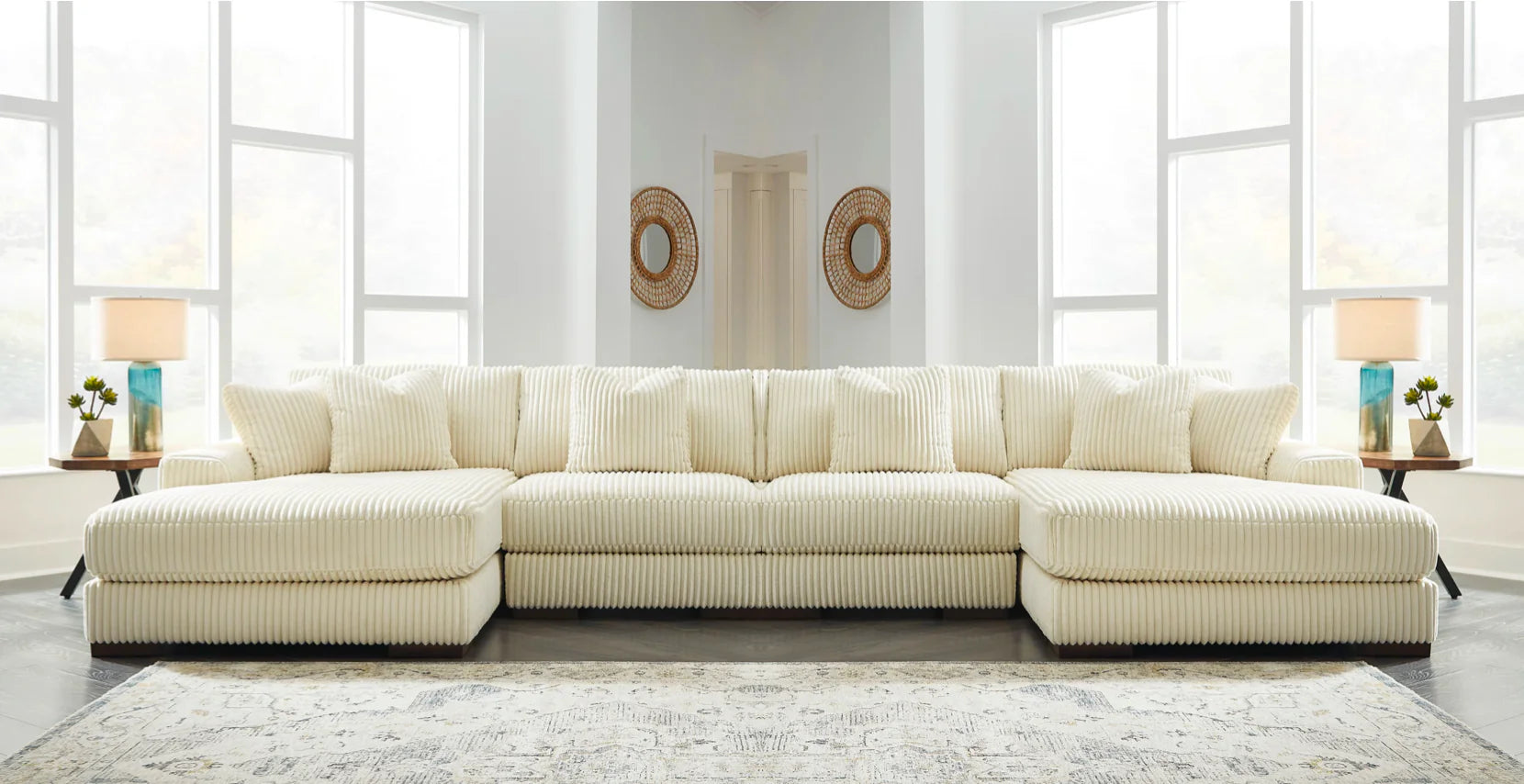 Lindyn 4 Seater Sectional Double Chaise Ivory Fabric