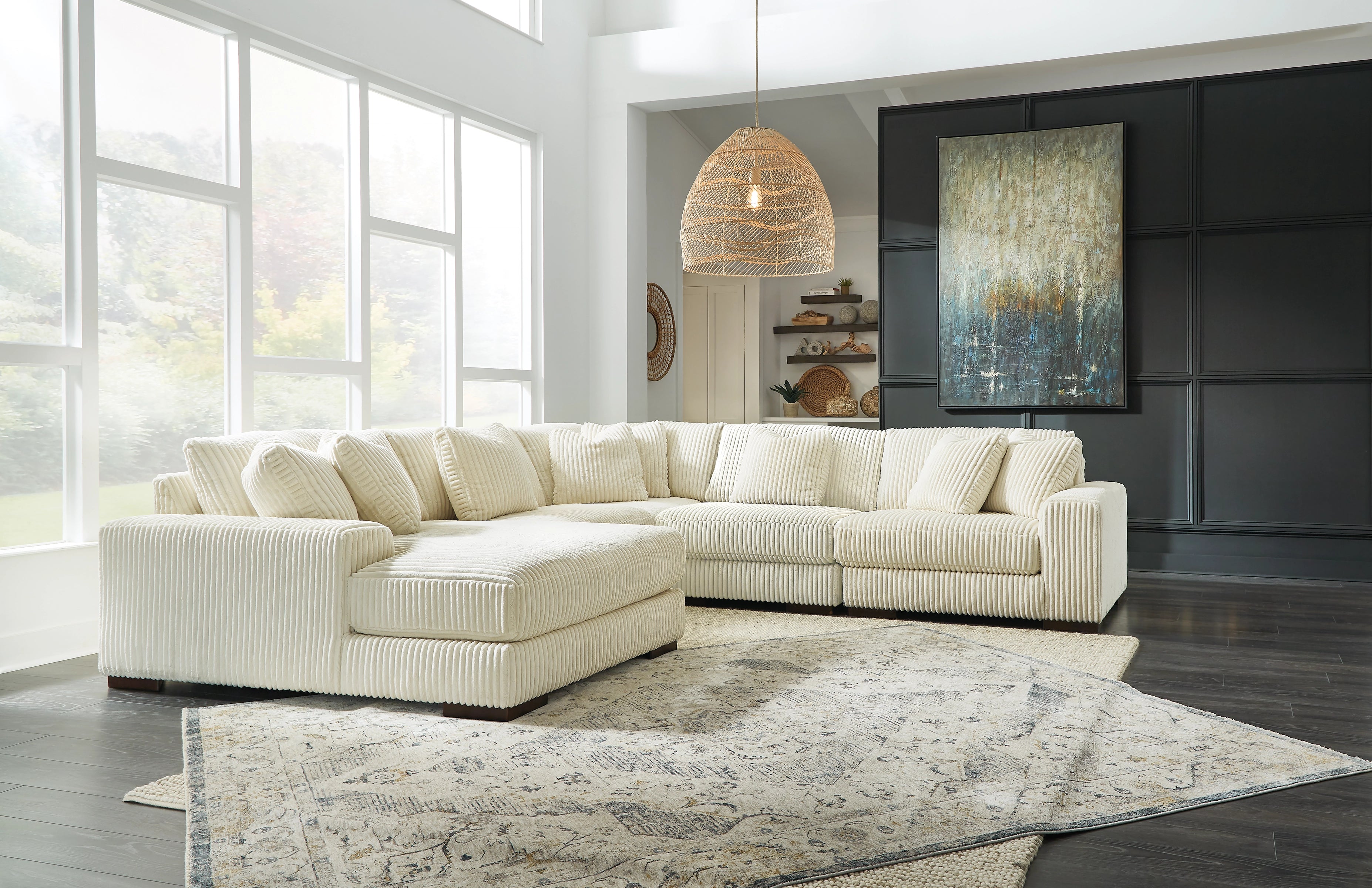 Lindyn 6 Seater Sectional with Left Hand Facing Chaise Ivory Fabric