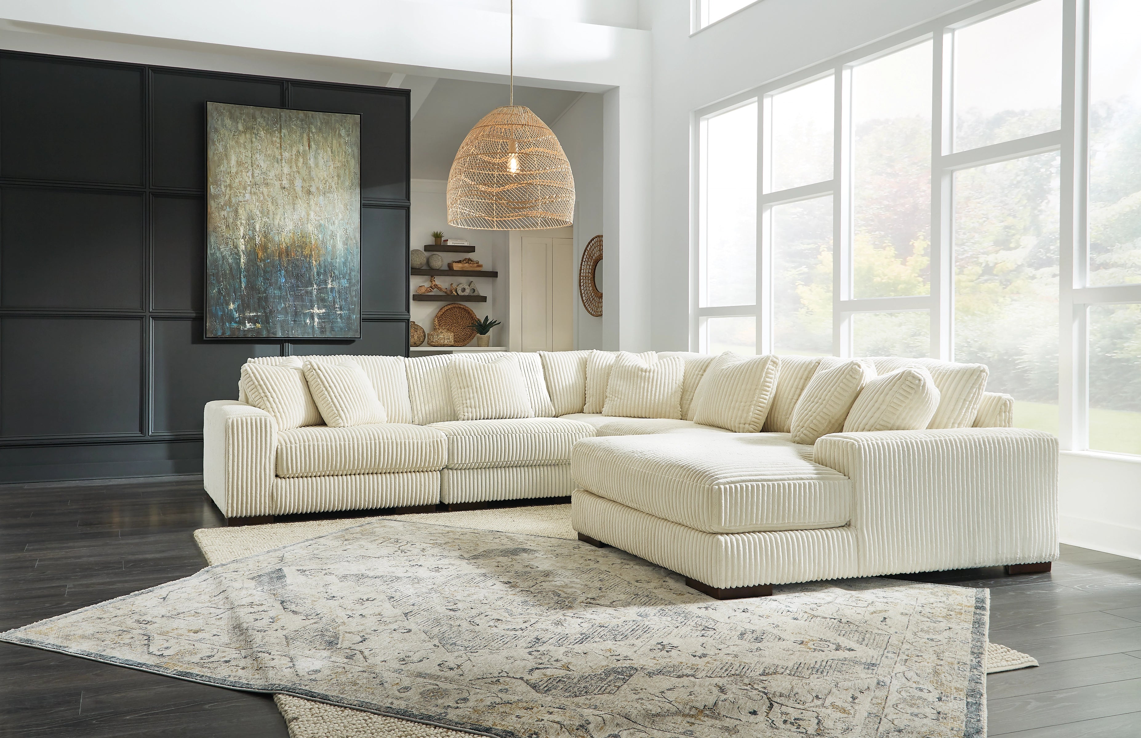 Lindyn 6 Seater Sectional with Right Hand Facing Chaise Ivory Fabric