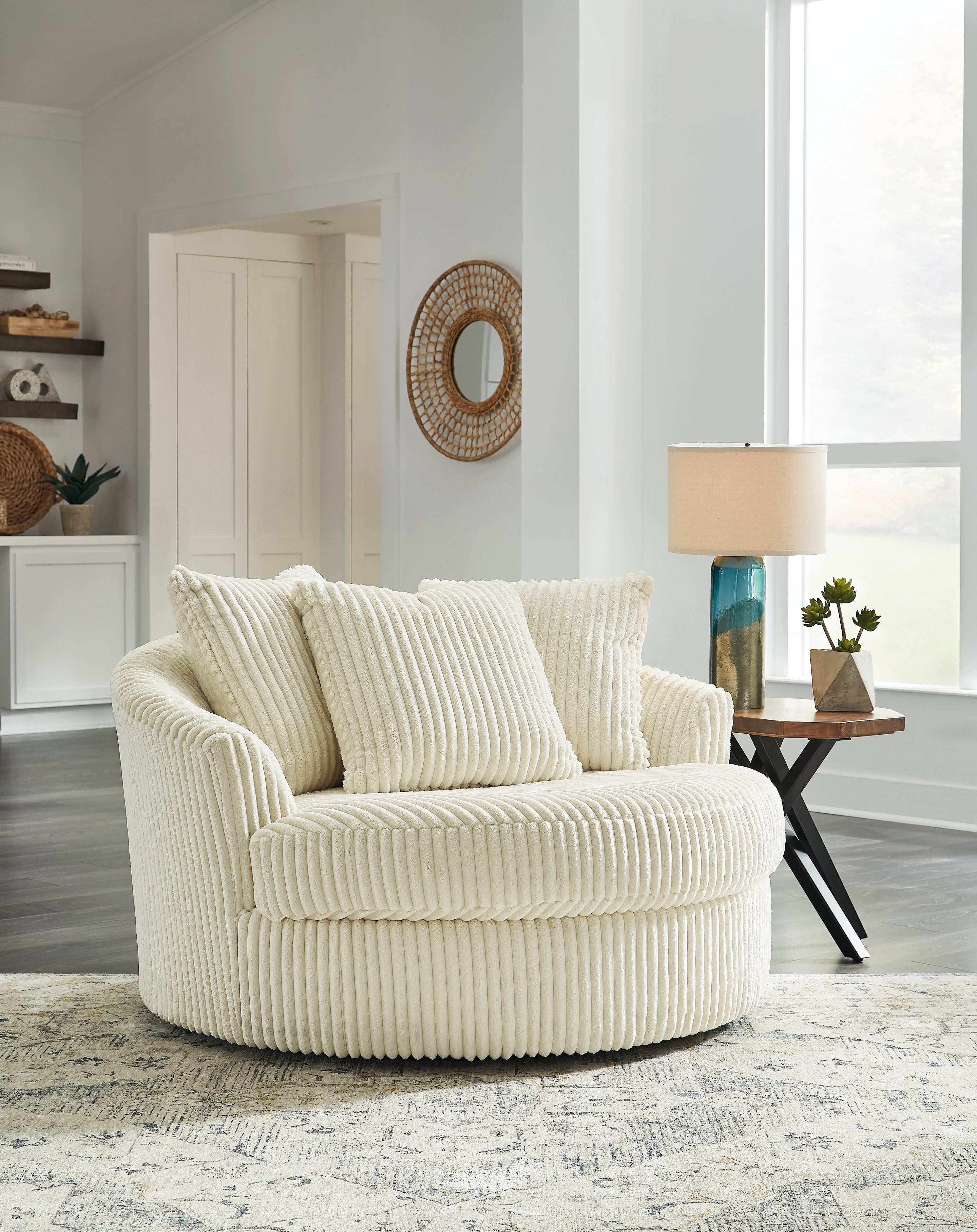Lindyn Oversized Swivel Chair Ivory Fabric