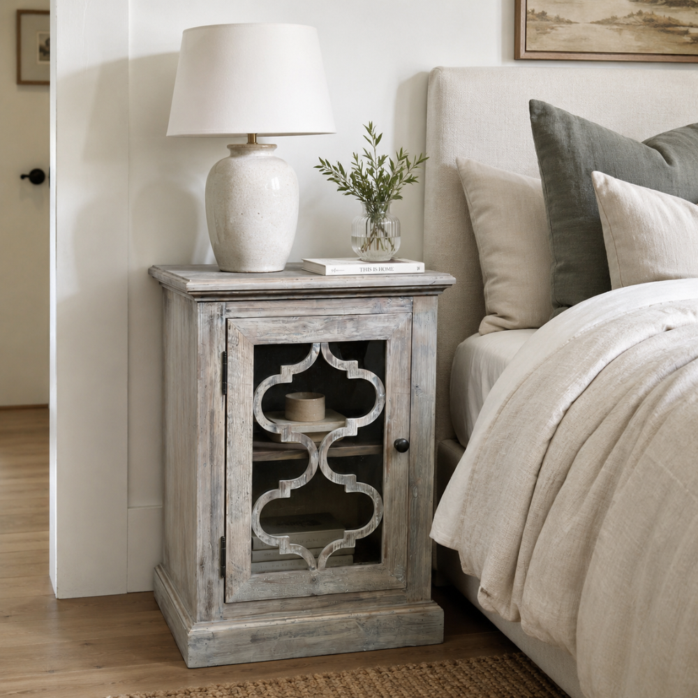 Mulia Recycled Timber Bedside Table – Greywashed