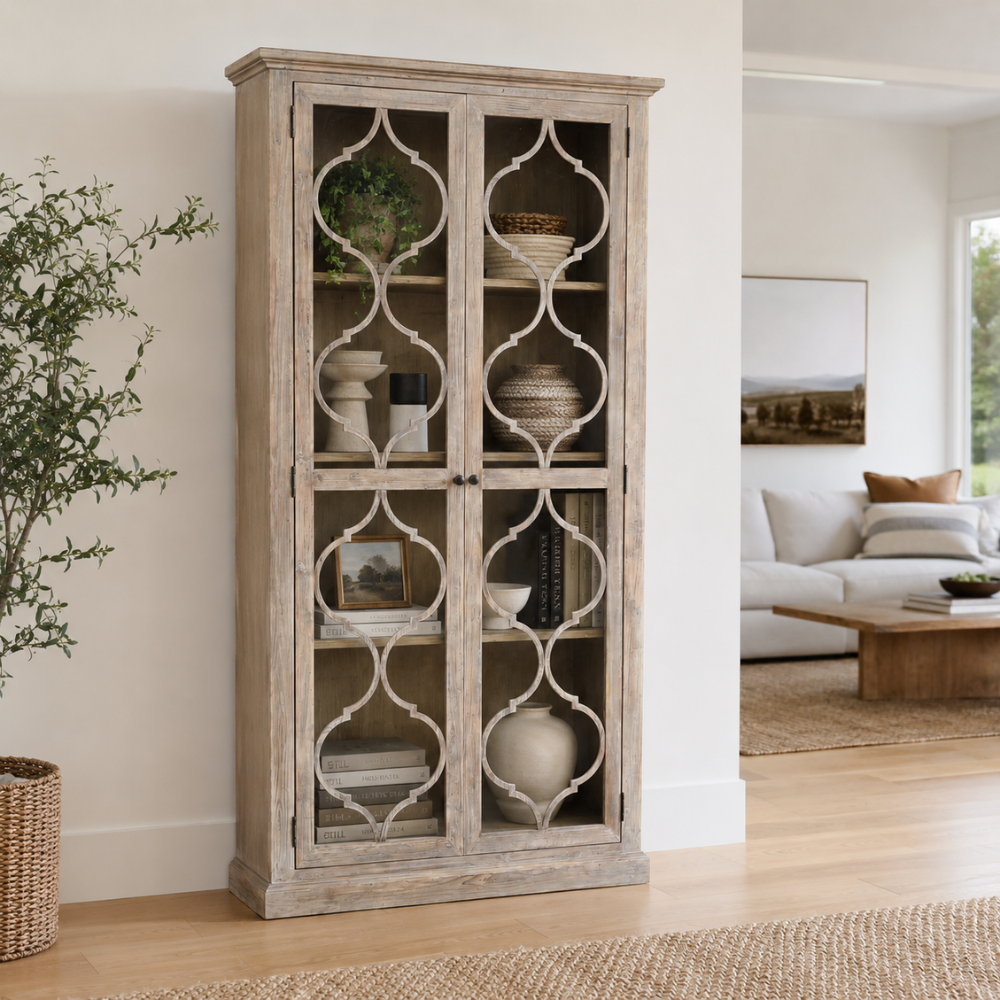 Mulia Recycled Timber Bookcase Display Cabinet – Greywashed