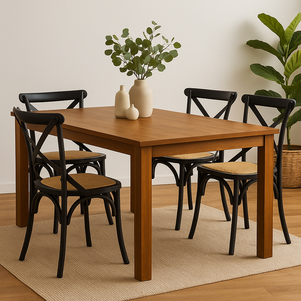 New Age 150cm Dining Table with 4x Black Cross Back Chairs – Dark Oak Set