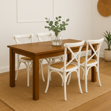 New Age 150cm Dining Table with 4x White Cross Back Chairs – Dark Oak Set
