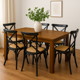New Age 150cm Dining Table with 6x Black Cross Back Chairs – Dark Oak Set