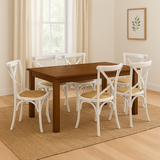 New Age 180cm Dining Table with 6x White Cross Back Chairs – Dark Oak Set