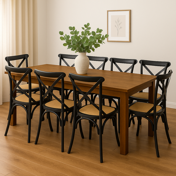New Age 210cm Dining Table with 8x Black Cross Back Chairs – Dark Oak Set