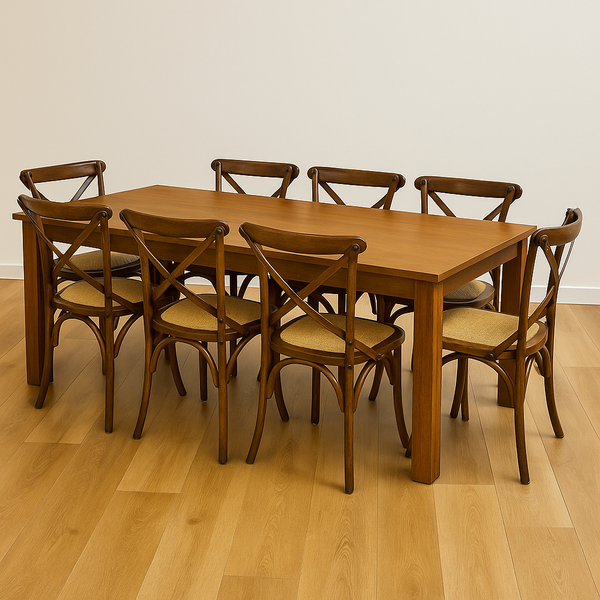 New Age 210cm Dining Table & 8x InStyle Cross Back Chairs – Dark Oak