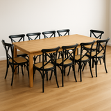New Age 240cm Natural Dining Table & 10 Black Cross-Back Chairs